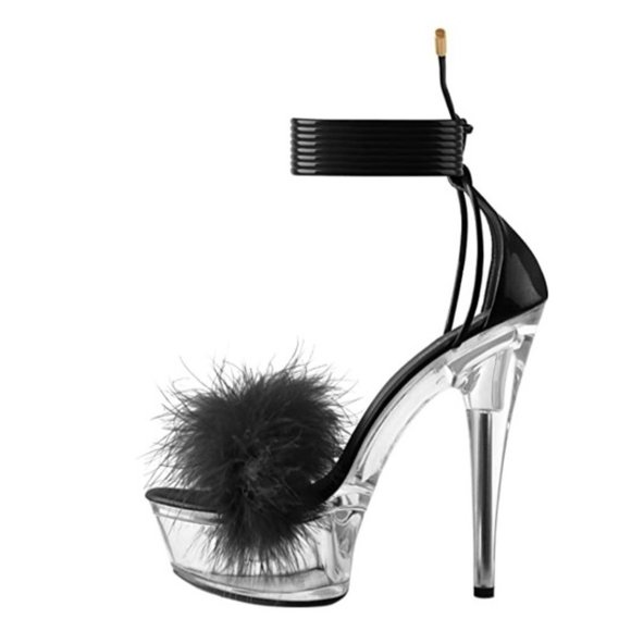 Miss Heel Shoes - Fluffy lace up sandals black stiletto heels (102)